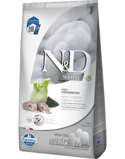 FARMINA N&D White Dog Adult Medium & Maxi 7 kg bar rayé, spiruline & fenouil pour chiens adultes + FARMINA N&D White Dental Treat Coat Sea Bass Medium/Maxi 100 g (7 pcs) GRATUIT