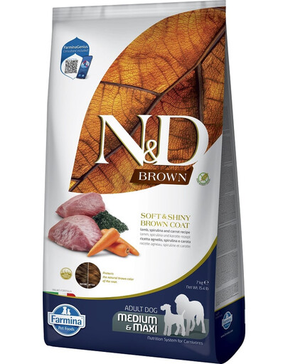 FARMINA N&D Brown Dog Adult Medium & Maxi 7 kg agneau, spiruline & carotte pour chiens adultes + FARMINA N&D Brown Dental Treat Coat Lamb Medium/Maxi 100 g (7 pcs) GRATUIT