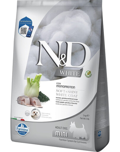 FARMINA N&D White Dog Adult Mini 5 kg bar rayé, spiruline & fenouil pour chiens adultes de petites races + FARMINA N&D White Dental Treat Coat Sea Bass Mini 60 g (7 pcs) GRATUIT