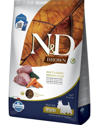 FARMINA N&D Brown Dog Adult Mini 5 kg agneau, spiruline & carotte pour chiens adultes de petites races + FARMINA N&D Brown Dental Treat Coat Lamb Mini 60 g (7 pcs) GRATUIT