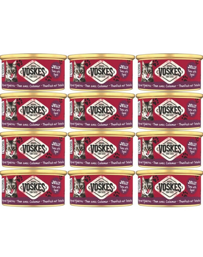 VOSKES Jelly Tuna with Squid 12 x 85 g : 100 % thon et calmar en gelée, aliment complémentaire pour chat