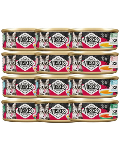 VOSKES Soup Mix smaków 12x50 g zupa z wołowiną, kurczakiem, łososiem i tuńczykiem dla kotów