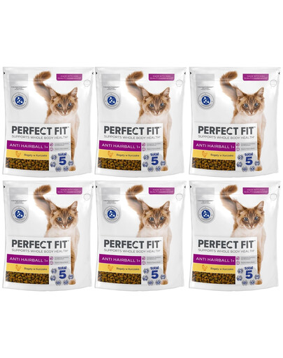 PERFECT FIT Antihairball 1+ 6x750 g sucha karma pełnoporcjowa dla dorosłych kotów bogata w kurczaka