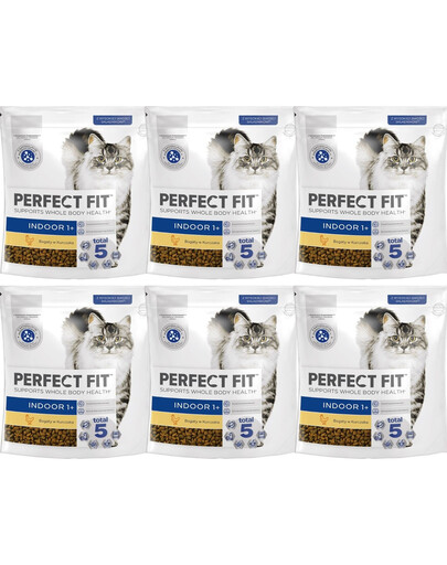 PERFECT FIT Indoor 1+ 6x750 g sucha karma pełnoporcjowa dla dorosłych kotów bogata w kurczaka