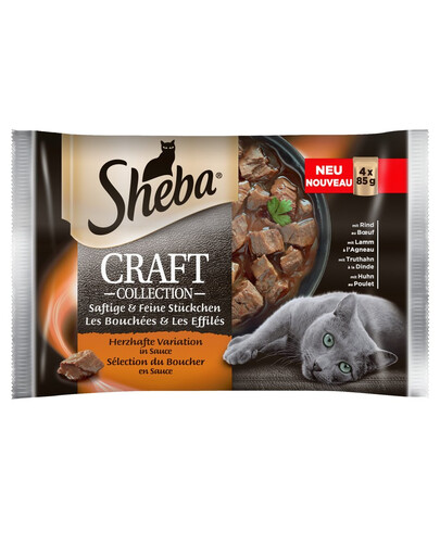 SHEBA Sachet Craft Collection Juicy Flavours - nourriture humide pour chats en sauce (avec bœuf, avec agneau, avec dinde, avec poulet) 4x85g