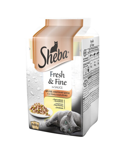 SHEBA sachet Fresh & Fine - nourriture humide pour chats en sauce (poulet et petits pois, dinde et carottes, volaille) 6x50g