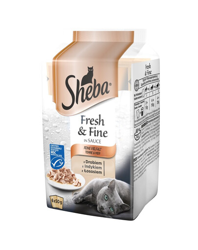 SHEBA sachet Fresh & Fine - nourriture humide pour chats en sauce (volaille, dinde, saumon) 6x50g