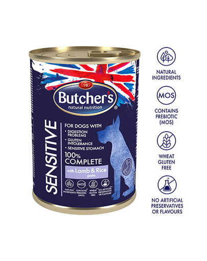 BUTCHER'S Blue Sensitive Pâtée d'agneau et de riz 390 g