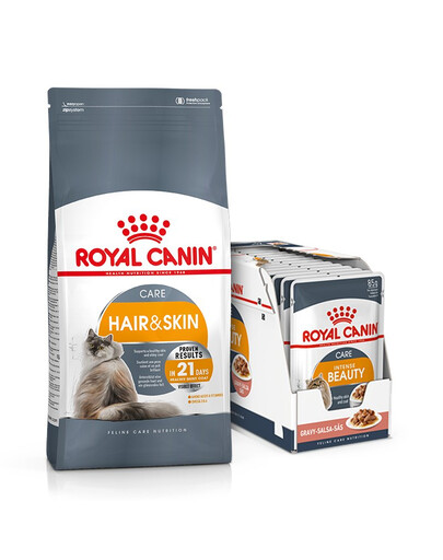ROYAL CANIN Hair&Skin Care 10 kg +  Intense BEAUTY en sauce 85 g x 12