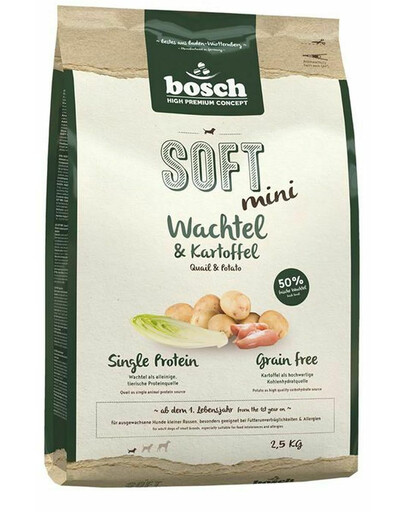 BOSCH Soft Mini Aliment sec avec caille et pommes de terre 2,5 kg + SIMPLY FROM NATURE Friandises de dressage avec de l'autruche 300 g