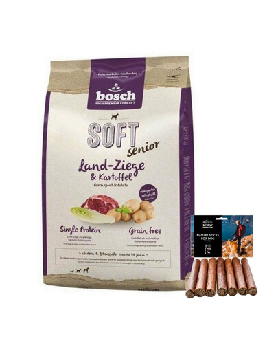 BOSCH Soft Senior Aliments secs avec chèvre de la ferme et pommes de terre 12,5 kg + SIMPLY FROM NATURE Cigares naturels au cerf 7 pièces