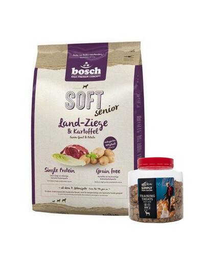 BOSCH Soft Senior Aliments secs avec chèvre de la ferme et pommes de terre 12,5 kg + SIMPLY FROM NATURE Friandises pour le dressage au cerf 300 g